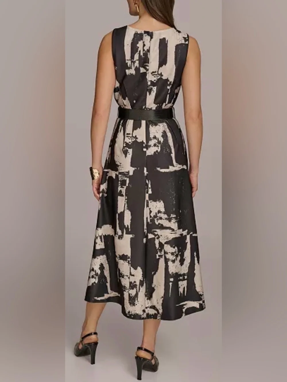 NEW Donna Karan Abstract Print Crew Neck Sleeveless Belted Scuba Midi Dress 14 - Picture 4 of 11